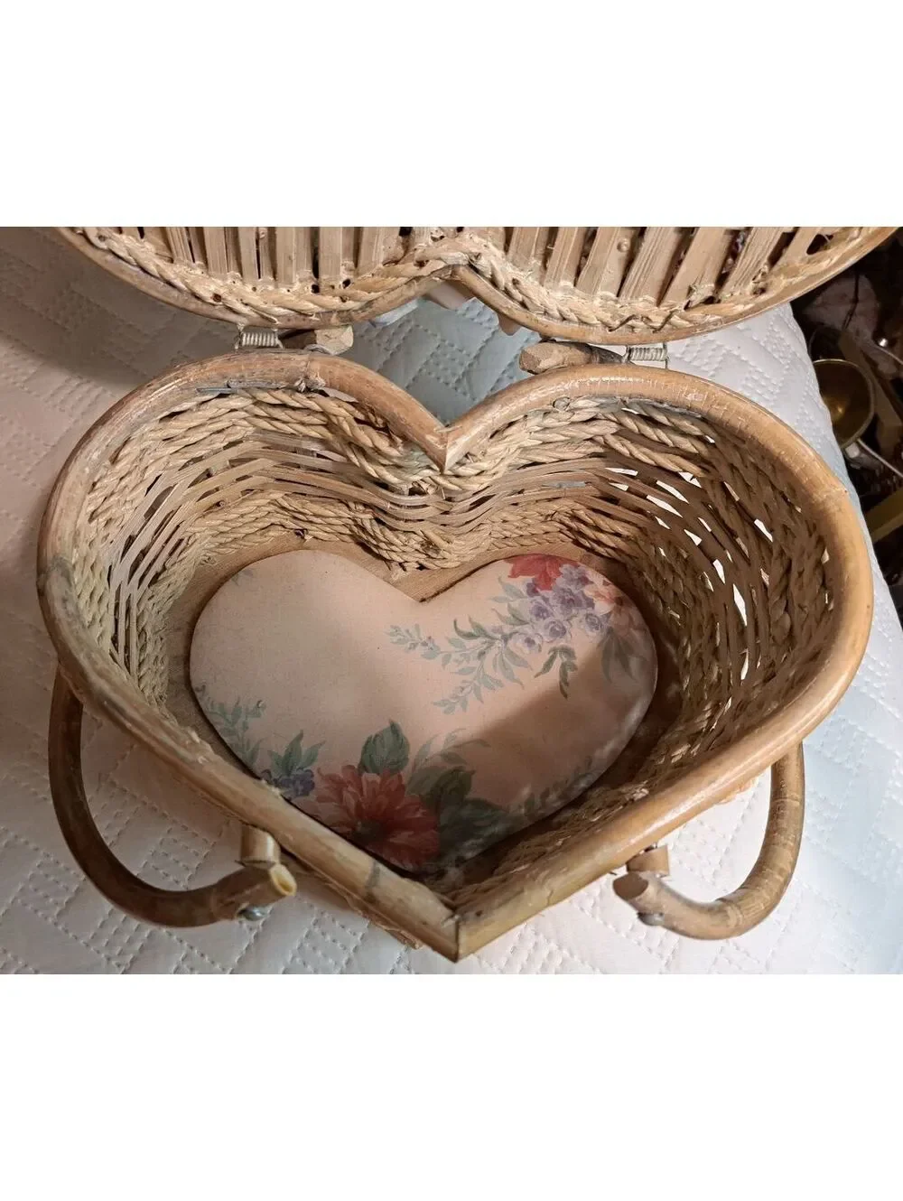 Vintage Heart-Shaped Wicker Storage Basket w Padded Floral Fabric & Lace Top
